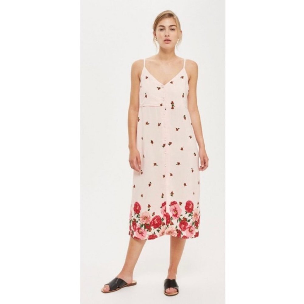 Topshop Pink Floral Border Button Down Midi Dress
